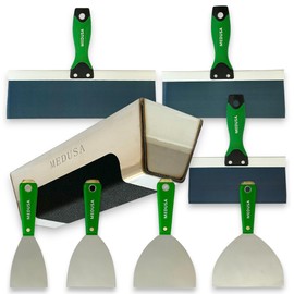 Medusa's Carbon and Blue Steel Drywall Taping Knife set with Stainless Steel 12" Mud Pan And Grip: Classic Style Light Handles with Strong Flexible Blades for Professionals and Beginners
