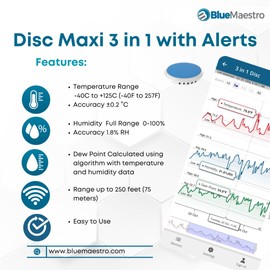 Disc Maxi with Alerts Thermometer Hygrometer, Smart Humidity Temperature Sensor with App Notification Alert, Unlimited Data Storage Export, Remote Monitor for Room Greenhouse Incubator Wine Cellar