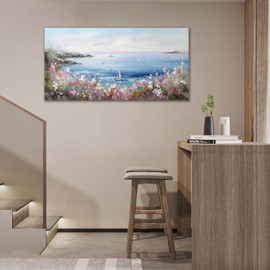 Large Canvas Wall Art Decor for Living Room Bedroom Coastal Wildflower Pictures Ocean Sailboat Floral Nature Landscape Oil Painting Prints Modern Framed Artwork Decoration Home Office 60"x30"