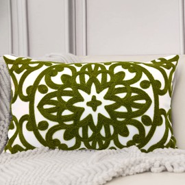 Alysheer Embroidered Lumbar Decorative Throw Pillow Cover 12"x 20", Classic Boho Mandala Embroidery Pattern Cotton Rectangular Cushion Case for Sofa Couch Living Room Bedroom(Olive Green)
