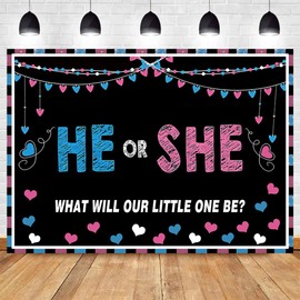 MAQTT 5x3FT Polyester Gender Reveal Banner He or She Blue or Pink Boy Girl Baby Background Photo Shower Party Backdrop Gender Reveal Surprise Supplies Banner Photography