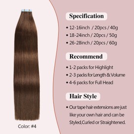 Sunya Tape in Hair Extensions Human Hair 20 inches Silky Straight Remy Human Hair Seamless Skin Weft Tape in Extensions 20 inches #4 Chocolate Brown 50 Gram 20Pcs/Pack Thick Hair