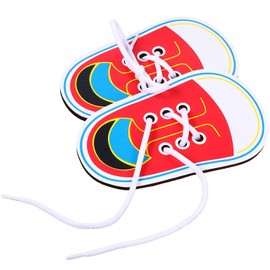 ElevateTech 2Pcs Wooden Lacing Shoe, Shoe Lace Practice Board Threading Lacing Shoes Training Board Tying Practice Toddlers Early Learning Educational Fine Motor Skills (Red White)