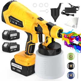 Cordless Paint Sprayer with Battery, 2X 5.5Ah 18V Battery, Electric Spray Paint Gun, 3 Nozzles, Adjustable Spray Width & Flow Control, Handheld HVLP Spray Gun for House Furniture Cabinet Painting