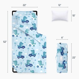 Wake In Cloud - Cot Nap Mat with Pillow and Blanket, for Toddler Kids Boys in Daycare Kindergarten Preschool Pre K with Elastic Corner Straps, Cute Dinosaur Driving Cars, Light Blue