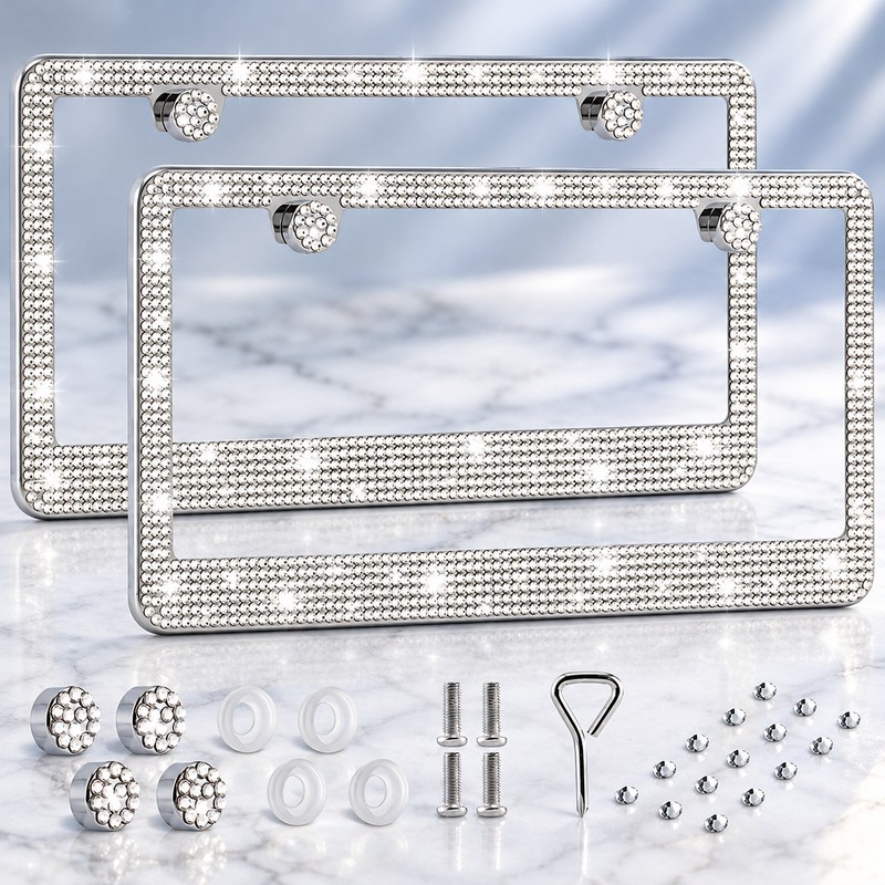 2pcs Bling Rhinestone License Plate Frame, Sparkling Crystal Car Tag
