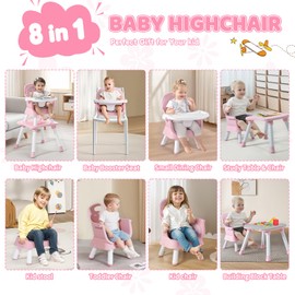 Kinder King 8 in 1 Baby High Chair, Coverts to Dining Booster Seat/Kids Table & Chair Set/Toddler Building Block Table/Kids Stool, Removable Tray & Double Seat Cover, Easy to Wipe, Pink & White