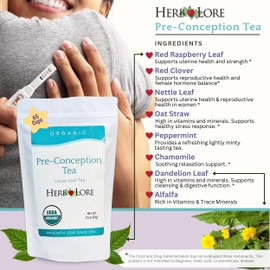 Herb Lore Organic Preconception Fertility Tea - Loose Leaf - 65 Cups - Red Raspberry Leaf with Red Clover & Nettle - Supports Hormone Balance to Get Pregnant *