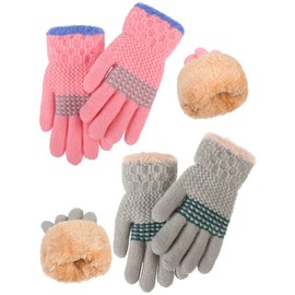 2 Pairs Kids Winter Knit Gloves Boys Girls Warm Thermal Cable Knitted Gloves 5-12 Year Wool Fleece Liner Mittens (Pink, Gray)