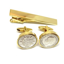 Premium 1933 Lucky sixpence cufflinks for a 92nd Birthday cufflinks HT Tie Clip Set GLD