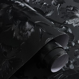 lenify Black Peel and Stick Wallpaper Black Floral Wallpaper 15.7inch x 118.1inch Vintage Embossed Textured Contact Paper Embossed Self Adhesive Wall Paper for Cabinets Pure Flower Removable Vinyl