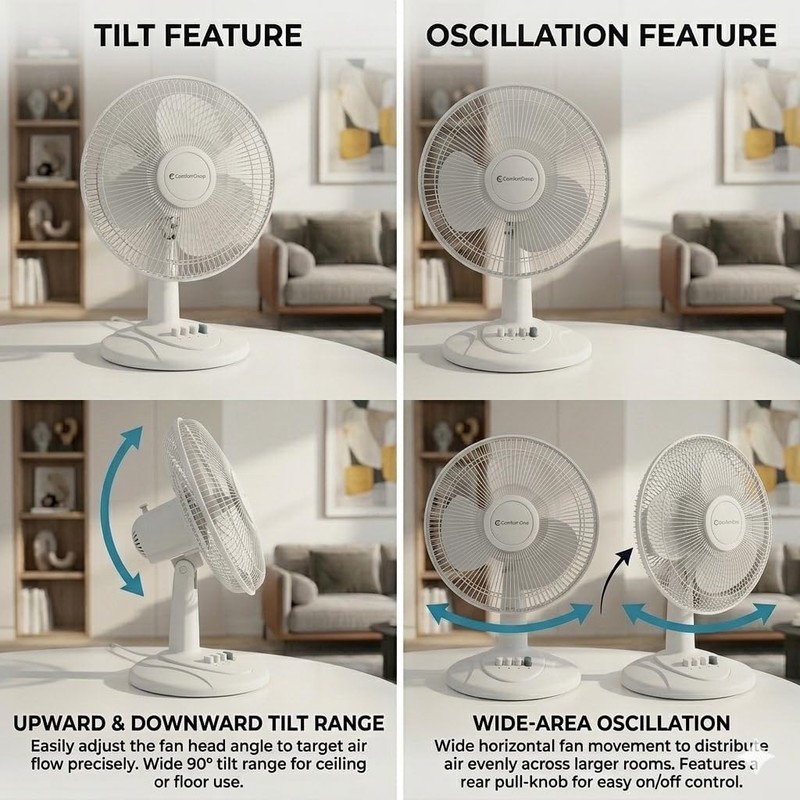 Comfort Zone 12 inch Table Fan with Adjustable Tilt, Wide