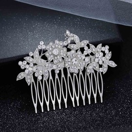Foyte Crystal Wedding Hair Comb Rhinestone Bride headpiece Silver Flower hair piece Leaf Side Hair Combs for Women and Girls