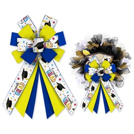 ALIBBON Large Graduation Bows for Wreaths, Graduation Wreath Bows, Congrats Grad Bows for Front Door, Graduation Decor, Blue Yellow Burlap Bows for Graduation Wreath Indoor Outdoor Decoration