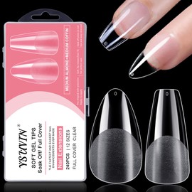 YSUVIN Nail Tips, Pack of 240 Fake Nails, Transparent, 12 Sizes, Short Ballerina and Short Almond, Artificial Nail Tips, Nails Tips for Nail Technicians, Beginners, Manicure Salons