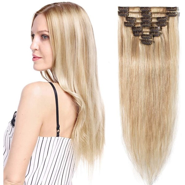 Clip-In Real Hair Extensions, 100% Remy Real Hair Extensions, 8 Wefts, 18 Clips Extensions, Real Hair Clip-in Standard Weft, Straight, 40 cm / 90 g (#18/613 Light Ash Blonde)
