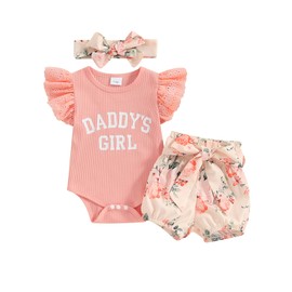 ZZLBUF Newborn Infant Baby Girl Summer Outfits Letter Ruffle Sleeveless Romper Floral Shorts Headband 3Pcs Clothes Set (01- Pink, 3-6 Months)