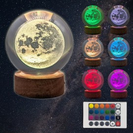 TUUWAI 3D Moon Crystal Ball 3.15" with LED Lamp Colorful Wooden Base Night Light with Removable Glow Ball Color Changing Light with Remote as a Crystal Ball for Boy Friends (3-Moon, 3.15" (Inch))