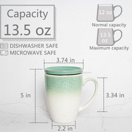 Bosmarlin Ceramic Tea Cup with Infuser and Lid, 13.5 Oz, 5 Colors to Choose, Microwave and Dishwasher Safe, Steeping Tea Mug with Strainer, Reactive Glaze (Green)