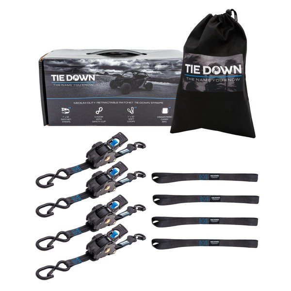 Tie Down 4 Black Retractable Ratchet Straps -Self Retractable Tie