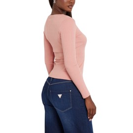 GUESS Women's Eco Long Sleeve Kyla Rib Henley, Travertine Sand