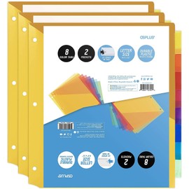 OS Plus 8-Tab Plastic Binder Dividers with 2 Pockets, Insertable Multicolor Big Tabs (3 Set)