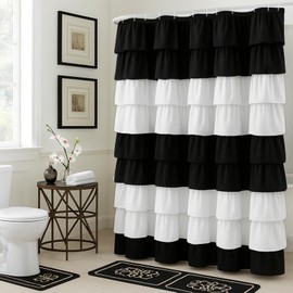 Seasonwood Ruffle Shower Curtain Black and White Shower Curtain Farmhouse Vintage Handcrafted Rustic Decorative Fabric Shower Curtains Girly Modern Bathroom Curtain, 72" x 72"