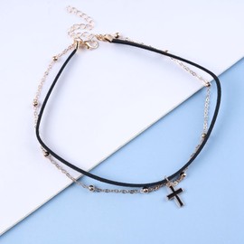 Yienate Punk Black Cross Velvet Choker Necklace Vintage Gold Layered Bead Necklace Black Suede Rope Chain Choker Gothic Statement Religious Prayer Cross Necklace Charm Jewelry for Women and Girls