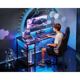 MOTPK 40 Inch Small Gaming Desk with Storage & Led Lights, Computer Desk with Shelf, Reversible Gamer Desk with Monitor Stand, Carbon Fiber Texture Black