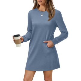 WIHOLL Casual Dresses for Women Long Sleeve Fall Winter Mini Dress with Pockets Fashion Back to School Dresses Loose Fit Blue L