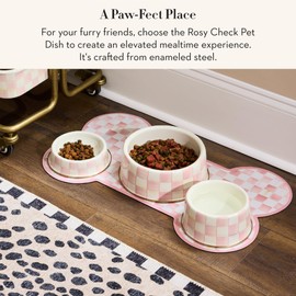 MACKENZIE-CHILDS Enamel Pet Bowl, Cute Cat and Dog Bowl for Food and Water, Medium, Pink-and-White Rosy Check