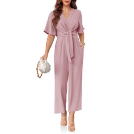 Cicy Bell Women's Elegant V Neck Jumpsuits Dressy Casual Short Sleeve Wide Leg Long Pants Rompers