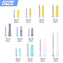 Kit de Taquetes y Tornillos, 220 Taquetes y Pijas para Concreto, Anclajes y Tornillos para Paneles de Yeso, 11 Tamaños, Anclajes Acanalados, para Colgar Cortinas, Armarios de Pared