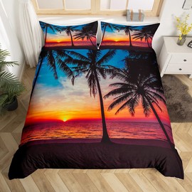 Feelyou Ocean Beach Themed Bedding Set Queen Size 3 Pcs,Tropical Sunset Beach with Palm Trees Comforter Cover,Peaceful Ocean Evening View Resort Bedspread Decorative 1 Duvet Cover and 2 Pillowcases