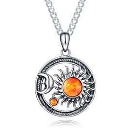 925 Sterling Silver Orange Fire Opal Sun Moon Pendant Necklace for Women Men Wiccan Vintage Cosmic Celestial Gothic Yin Yang Witchy Jewelry Wife Daughter Mom Valentine Birthday Christmas Gifts