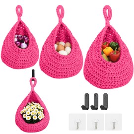 ShellKingdom - Cestas colgantes de pared para cocina, paquete de 3 cestas bohemias tejidas a mano para almacenamiento con 6 ganchos para frutas, verduras, papas, huevos, tamaño 3 (rosa intenso)