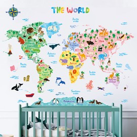 DECOWALL SG2-1615S Animal World Map Wall Sticker Decor Kindergarten Nursery Kids Room DIY Wall Decal Sticker Wall Art Stickers Boys Girls Teens Kids Bathroom Decor Vinyl Bedroom Teen Kids Wallpaper