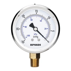 BPSSDI 30 inHg Vacuum Silicone Oil Liquid Filled Low Pressure Gauge, 2.5" Dial Size, 1/4" NPT Lower Mount, 304 Stainless Steel Case, for Water Pipe, HVAC, Water Oil Air Pressure Test
