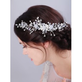Teyglen Silver Flower Wedding Hair Comb Headband Bridal Pearl Crystal Hair Side Comb Handmade Rhinestone Hair Piece Flower Girl Headpiece Wedding Hair Accessories for Women Bride