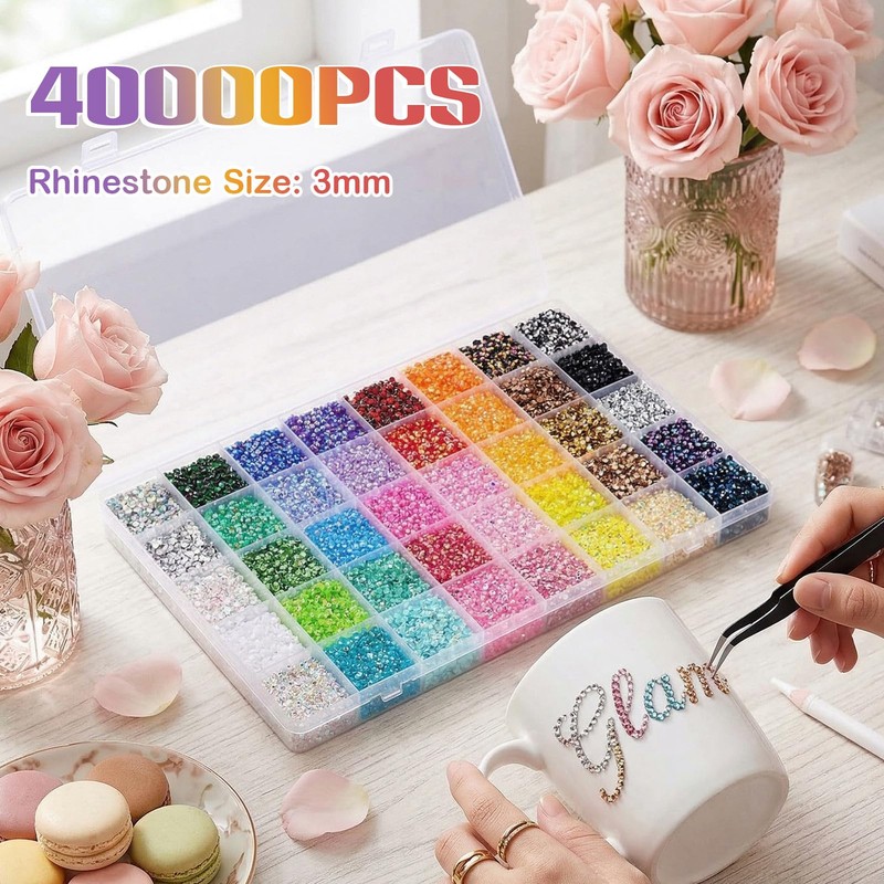 Simmofia 40 Colors Bedazzling Kit with Glue, 40000 Resin Rhinestones