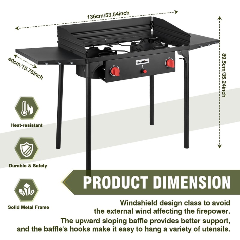 Bestfire 2 Burner Camping Stove with Windpanel& Side Shelves, Bag,