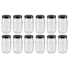 North Mountain Supply 12 Ounce Glass Regular Mouth Mason Canning Jars - With Black Safety Button Lids - Case of 12