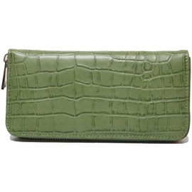 Belkut 1030212-F-130 Green Genuine Cowhide Leather Wallet, Round Zipper, Long Wallet, Men's, Women's, Bifold Wallet, Long Wallet, Crocodile, Thin