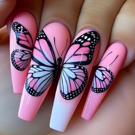 Pink Press on Nails French Fake Nails Butterfly Stick on Nails Glossy Glue on Nails Full Cover Artificial Acrylic False Nails Multiple Colors to Choose from Reusable Nails Kit for Women Girl 24Pcs