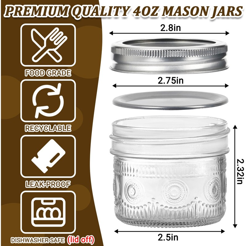 Alotpower 4 oz Glass Small Mason Jars with Embossed Pattern