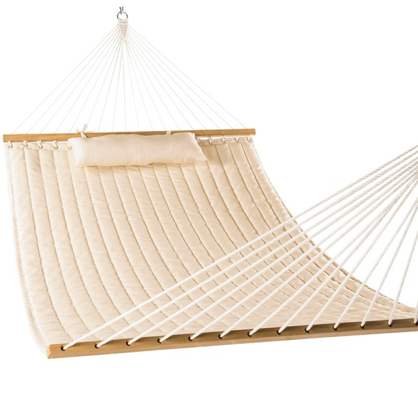 Lazy Daze 12 FT Double Quilted Fabric Hammock with Spreader Bars and Detachable Pillow, 2 Person Hammock for Outdoor Patio Backyard Poolside, 450 LBS Weight Capacity, Dark Cream