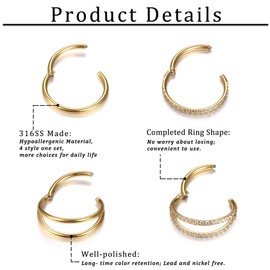 Dochais Set of 4 Stainless Steel Hoop Nose Rings, Helix Nose Piercings, Daith Septum Rings/Hoop Earrings, for Women, Men, Silver, Gold Colour, 8, 10 mm, 18G, 16G, 20G., Stainless Steel
