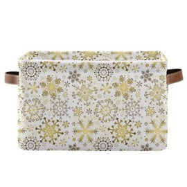 senya Christmas Basket with Handles, Golden Snowflake White Foldable Fabric Collapsible Storage Bins Organizer Bag for Storage Toy Clothes