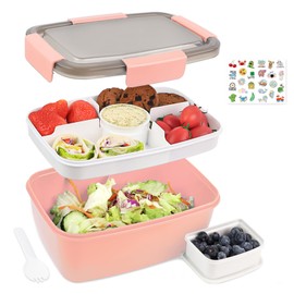 Bugucat Bento Box 1500ML, Lunch Box with 3-Compartment Tray, Salad Bowl with Dressing Container, Meal Prep Container with Built-in Spoon,Dark pink sticker
