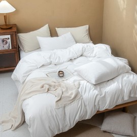 FOSSA Duvet Cover Set 100% Washed Cotton Linen Feel Super Soft Breathable Cozy 3 Pieces Bedding Sets Solid Bright White Queen